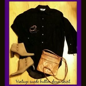 Vintage 80's button down black suede shirt s