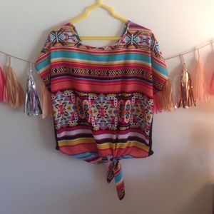 Tribal pattern short sleeve tie top