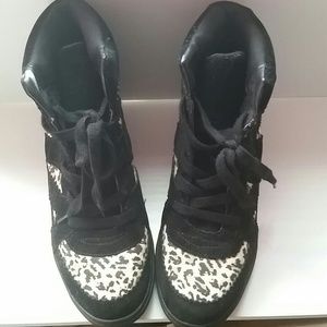 Black and cheetah print wedge sneakers