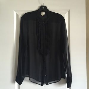Sheer Black Button Down Blouse w/ Ruffle Front