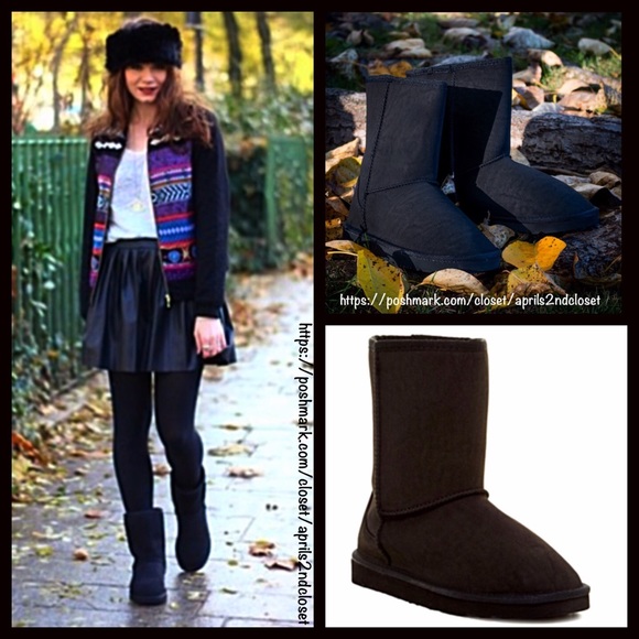 SHORT BLACK FAUX SHEARLING LINED BOOTS BOOTIES A2C - Picture 2 of 8