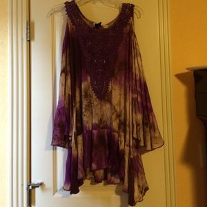 Tie dye purple and brown cold shoulder tunic! New!