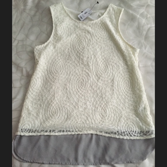 Cream lace and gray flowy sleeveless blouse