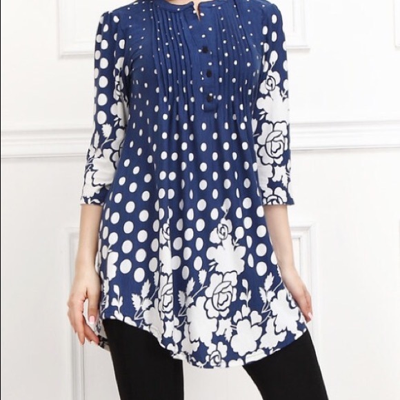 Blue  and White Polka dot Notch Neck Tunic