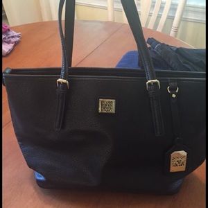 Anne Klein black pebbled tote bag. Red interior