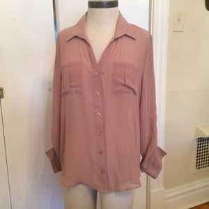 Blush colored sheer long sleeve button up blouse