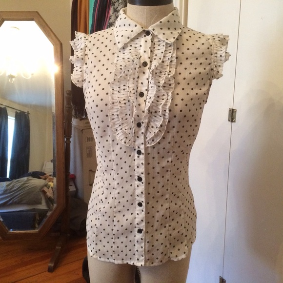 Sheer black and white polka dot ruffle blouse