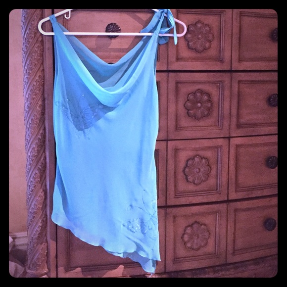 Turquoise sheer blouse with butterfly details