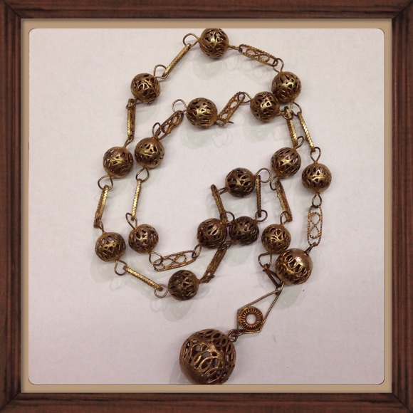 Antique Long Ornate Gold Ball Chain Necklace