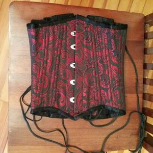 Steel boned corset, red and black brocade
