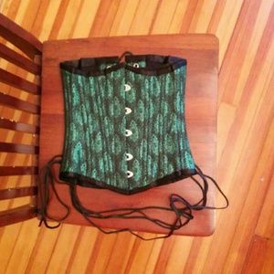 Steel boned corset, green brocade, 20