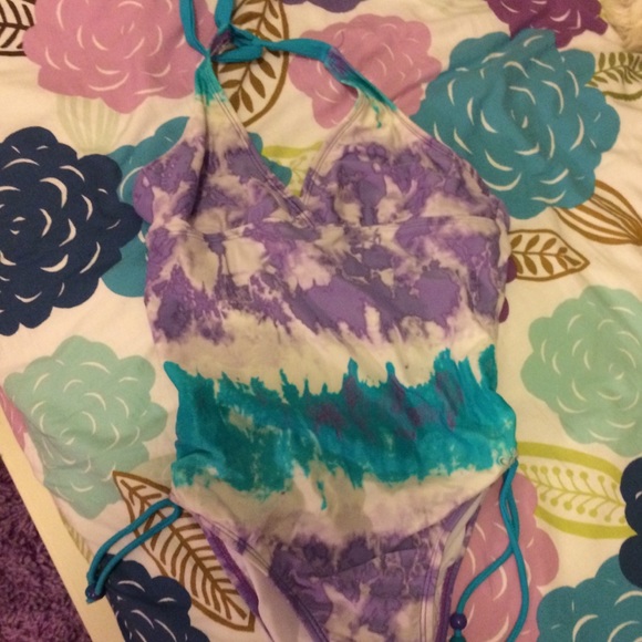 Purple, blue and white one piece bathing suit