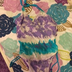 Purple, blue and white one piece bathing suit