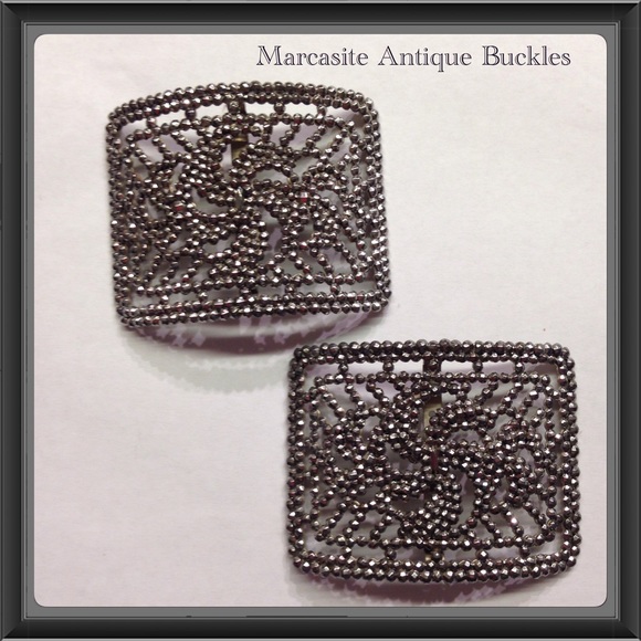 Pair of Antique Belt Buckles Marcasite Brass Tone