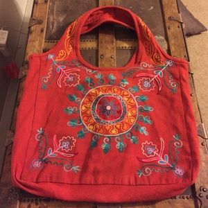 Large red embroidered tote