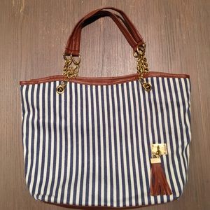 Blue and white striped tote with leather tassel