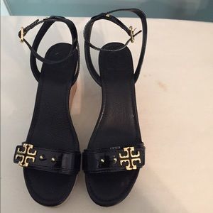 Tory Burch Black Wedge Strapy Sandals