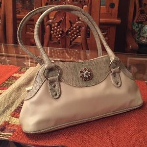 Faux Snakeskin Handbag with Jewel Embellishments