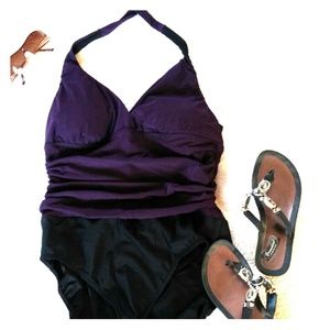 One piece halter slenderizing swimsuit