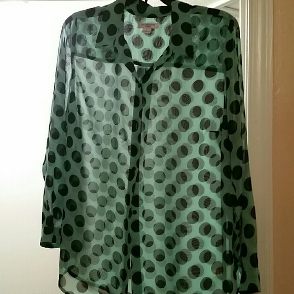 Long sleeve lime green with navy blue polka dots. - Picture 1 of 3