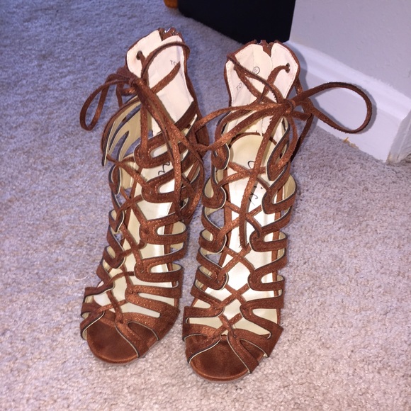 Camel/Brown lace up open toe heels