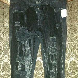 Vanilla Star Black Sequins Distressed Skinny Jeans