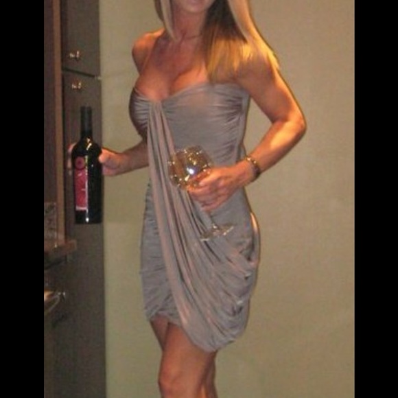 bebe Dresses & Skirts - Bebe Steal Gray Strapless Drape Dress M