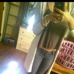 Light grey hooded open front cardigan