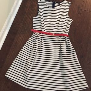 White and navy blue striped dress