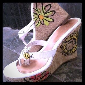 Coach white leather and fabric wedges
