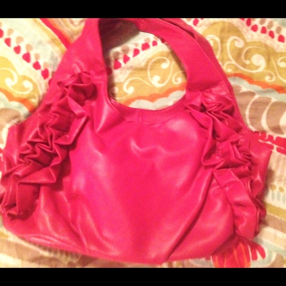 Hot pink fashion tote. Ruched sides. Faux leather.