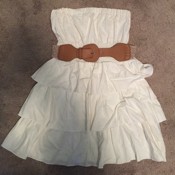 White/Cream Dress with brown belt.