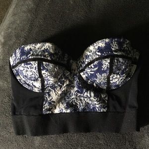 Black crop top w/ mesh backing & blue design