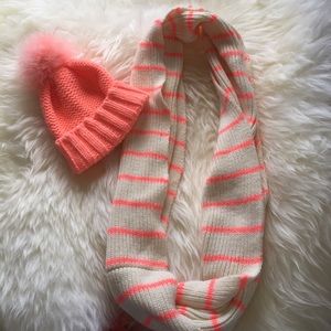 Neon Pink Scarff and Fluff Beanie Set