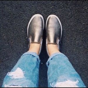 Gold, Leather, Slip On Flats