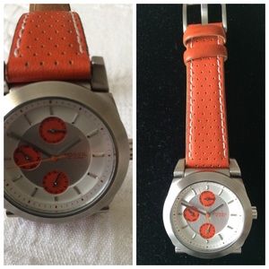 Fossil "Boyfriend" watch w orange leather band.