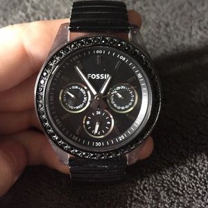Black fossil watch w/ black gems around face