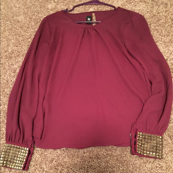 Wine sheer top with gold studded cuffs