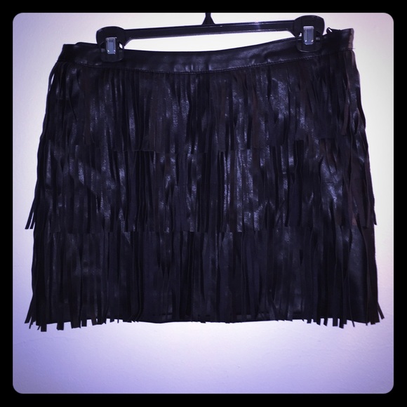 Black faux leather fringe skirt
