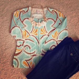 Merona Aqua print 3/4 sleeve cardigan sweater