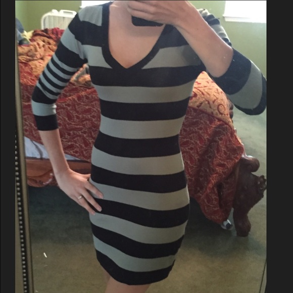 Black and gray striped sweater dress