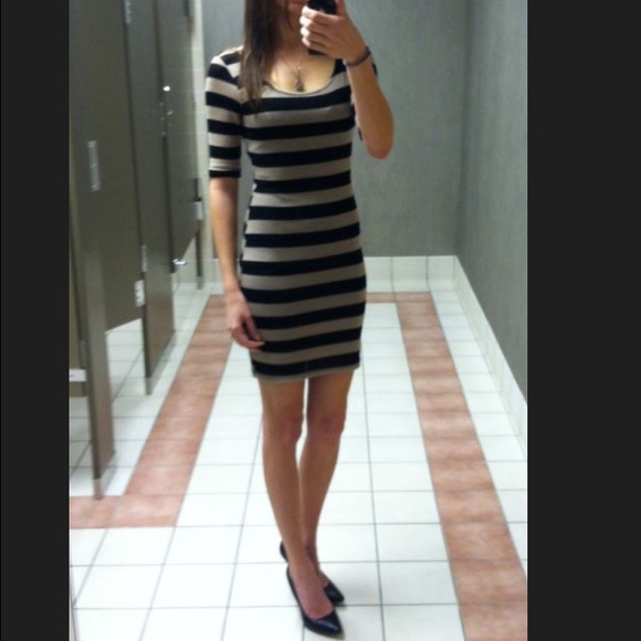 Tan and black striped sweater dress