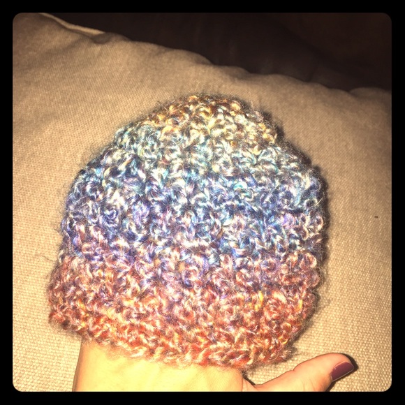Multicolored crochet hat.