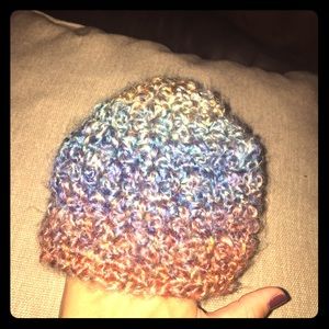 Multicolored crochet hat.