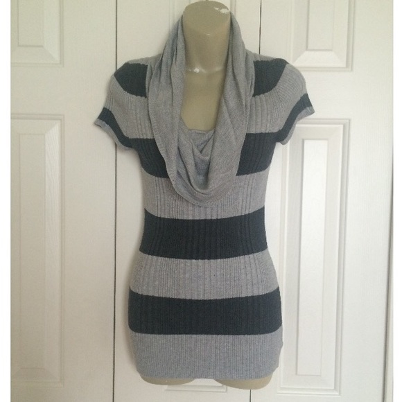 Black and Gray Striped Cowl Neck Sweater