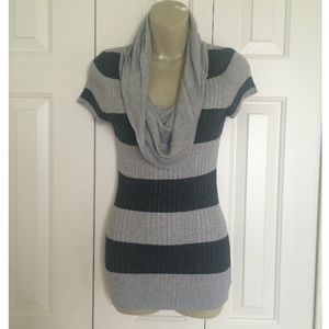 Black and Gray Striped Cowl Neck Sweater
