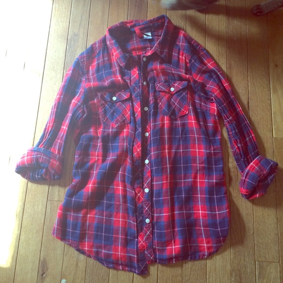 Red and blue plaid button down shirt