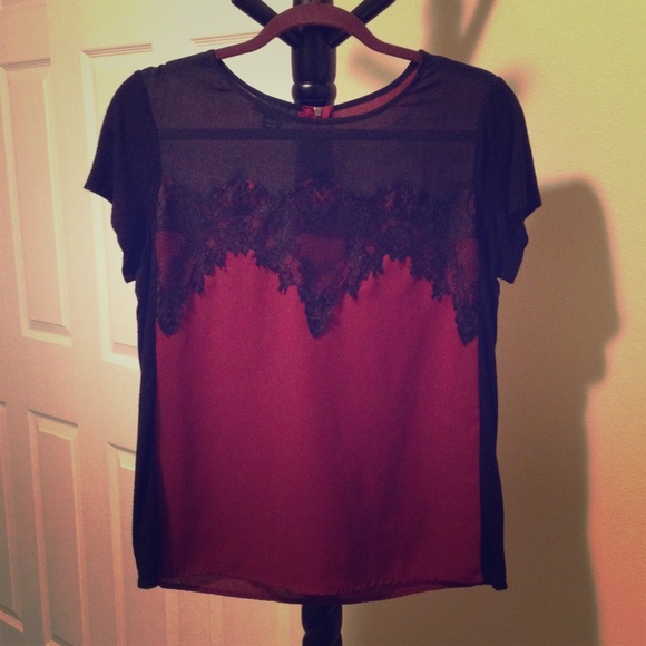 Metaphor Tops - Maroon and black lace blouse