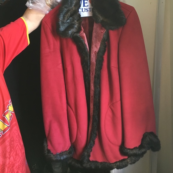Red jacket with brownish faux fur
