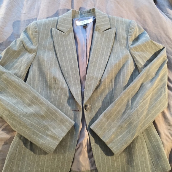 Tahari grey blazer with white and blue pinstripes